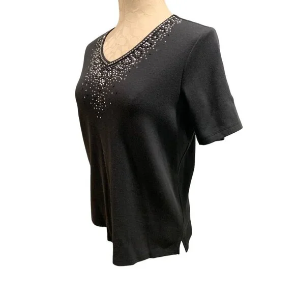 XS Quacker Factory Women's V-Neck Embellished Tshirt Short Sleeve Black - Picture 4 of 7